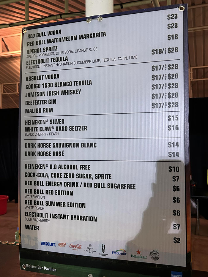 Coachella drink menu showing high food prices, causing frustration among festival attendees.